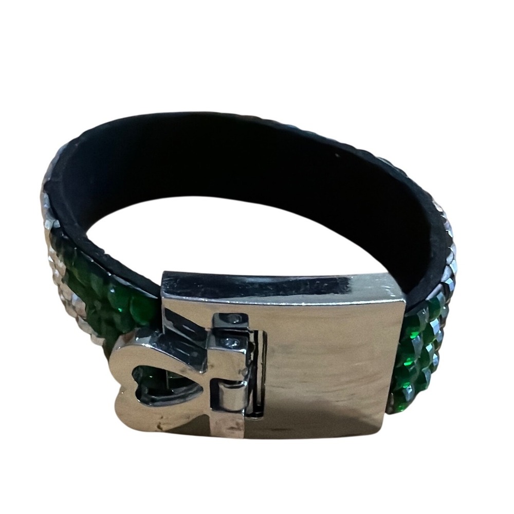 Green Silver Rhinestone Cuff Bracelet Heart Clasp Statement‎ Jewelry
